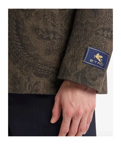 Etro Double-breasted Herringbone Paisley Coat In Brown