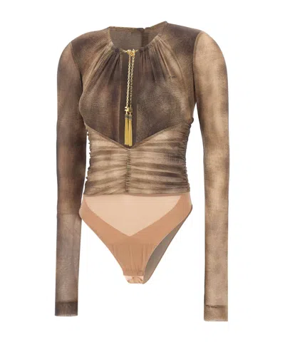 Elisabetta Franchi Bodysuit In Tulle Fabric With Python Print And Necklace In Brown