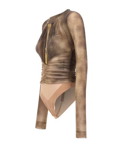 Elisabetta Franchi Bodysuit In Tulle Fabric With Python Print And Necklace In Brown