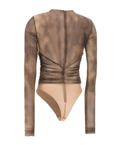 Elisabetta Franchi Bodysuit In Tulle Fabric With Python Print And Necklace In Brown