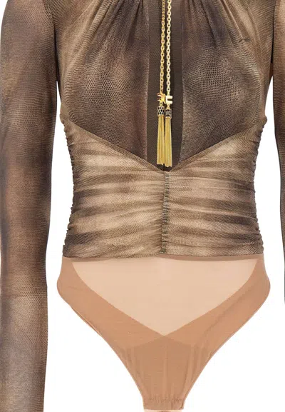 Elisabetta Franchi Bodysuit In Tulle Fabric With Python Print And Necklace In Brown