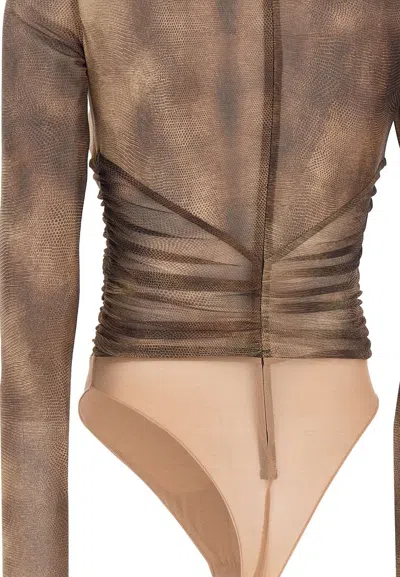 Elisabetta Franchi Bodysuit In Tulle Fabric With Python Print And Necklace In Brown