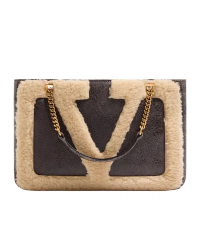 Valentino Viva Superstar Small Shearling Shopping Shoulder Bag In Brown