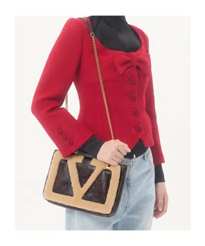 Valentino Viva Superstar Small Shearling Shopping Shoulder Bag In Brown