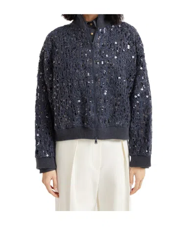 Brunello Cucinelli Dazzling Embroidered Cardigan In Blue
