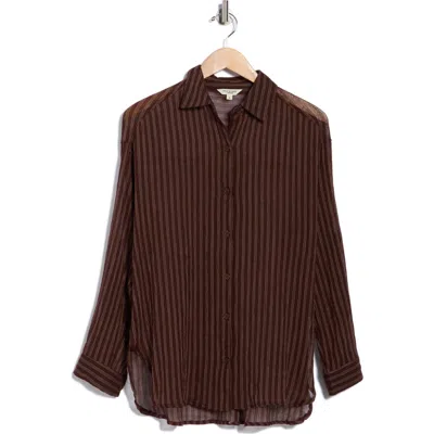 Max Studio Stripe Cotton Button-up Shirt In Brown