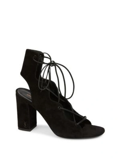 Shop Saint Laurent Babies Lace-up Suede Block-heel Sandals In Black