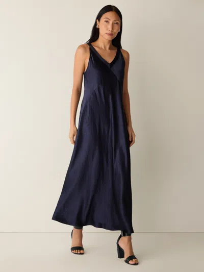 Eileen Fisher Sleeveless Crinkled Satin Empire Maxi Dress In Blue