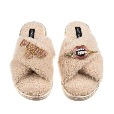 Laines London Women's Brown / Neutrals Laines Neutral Boucle Slippers With Plump It Pout Brooches - Oatmeal In Brown