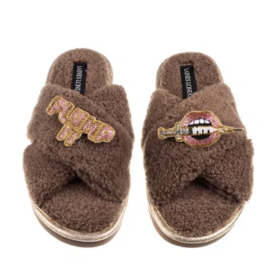Laines London Women's Brown / Neutrals Laines Neutral Boucle Slippers With Plump It Pout Brooches - Mink In Brown