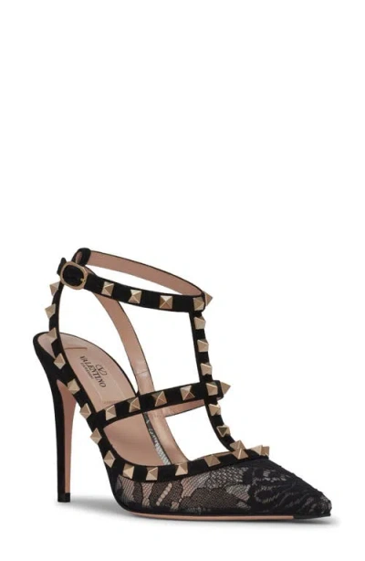 Valentino Rockstud 100 Lace And Suede Pumps In Black