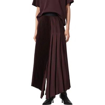 Allsaints Womens Oxblood Red Jax Pleated Satin Midi Skirt In Animal Print