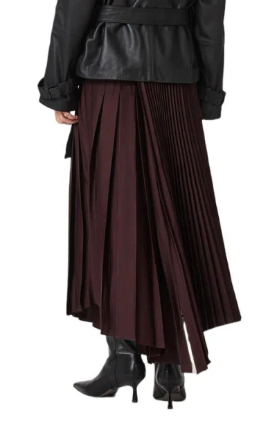 Allsaints Womens Oxblood Red Jax Pleated Satin Midi Skirt In Animal Print