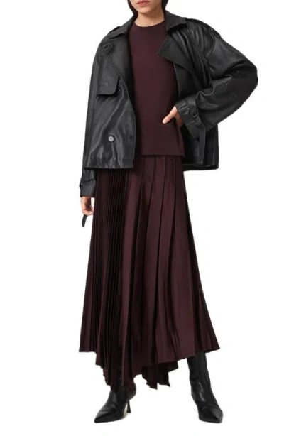 Allsaints Womens Oxblood Red Jax Pleated Satin Midi Skirt In Animal Print