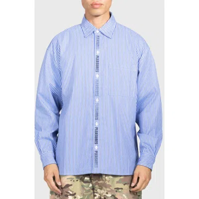 Pleasures Impact Logo Stripe Cotton Blend Button-up Shirt In Blue