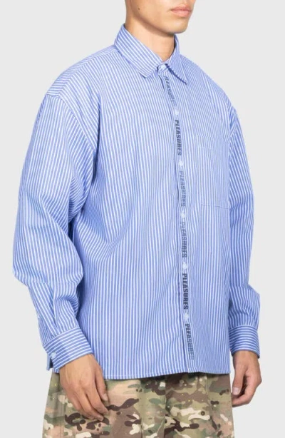 Pleasures Impact Logo Stripe Cotton Blend Button-up Shirt In Blue