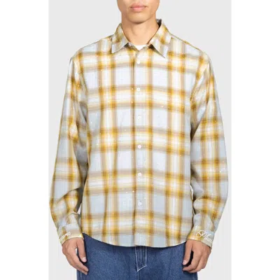 Pleasures Dizzle Plaid Crystal Embellished Button-up Shirt In Yellow