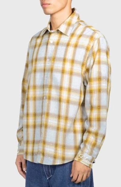 Pleasures Dizzle Plaid Crystal Embellished Button-up Shirt In Yellow