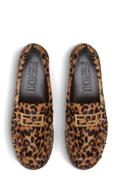 Fendi Women Brown Loafers With Ff Plaque And Leopard Motif In Brushed Leather Woman In Animal Print