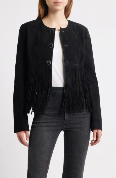 Frame Double-layered Fringed Leather Jacket In Black