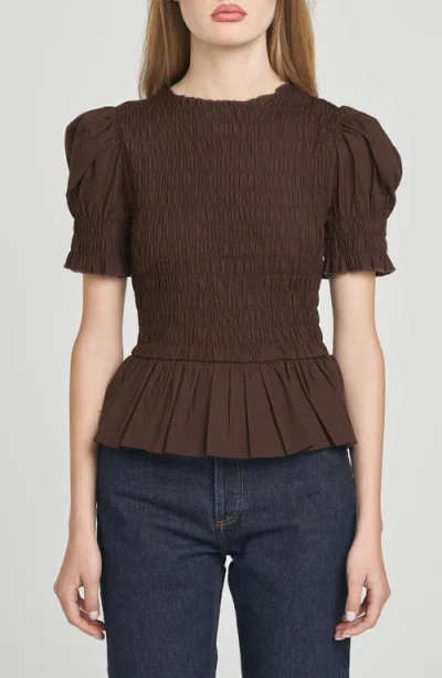 Wayf Matilda Smocked Peplum Top In Brown