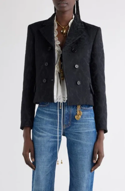 Chloé Double Breasted Floral Jacquard Wool Blend Crop Jacket In Black