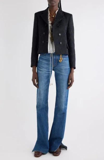 Chloé Double Breasted Floral Jacquard Wool Blend Crop Jacket In Black