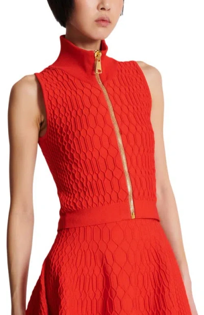 Balmain Textured High Neck Sleeveless Top In Red