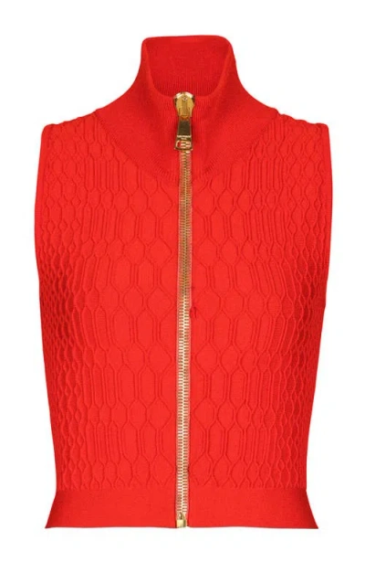 Balmain Textured High Neck Sleeveless Top In Red