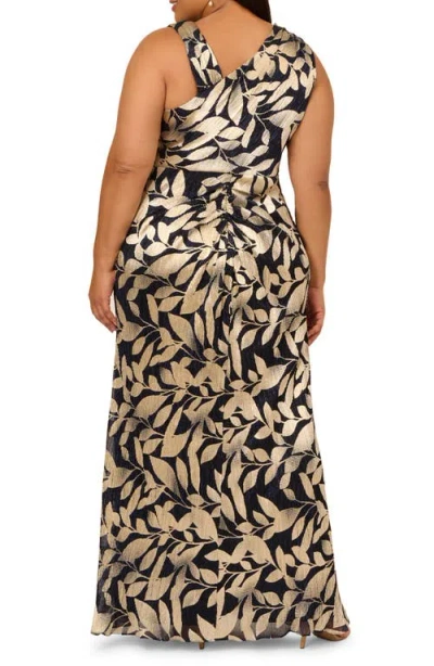 Adrianna Papell Plus Size Foil-print Asymmetric Gown In Gold