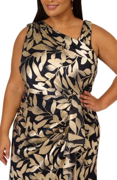 Adrianna Papell Plus Size Foil-print Asymmetric Gown In Gold