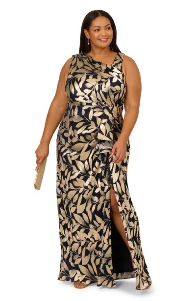 Adrianna Papell Plus Size Foil-print Asymmetric Gown In Gold