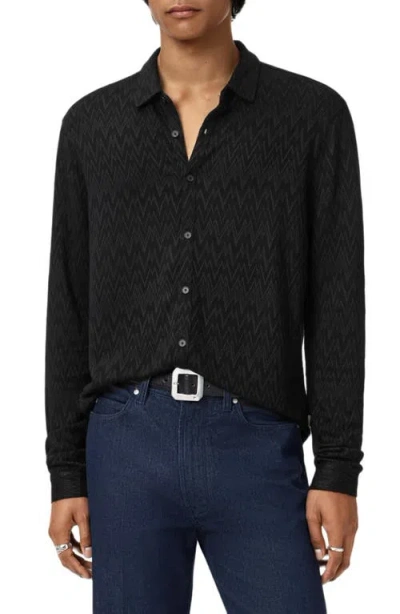 John Varvatos Redmond Herringbone Jacquard Knit Button-up Shirt In Black