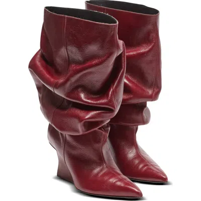 Balmain Textured Leather Wedge Ankle Boot In Burgundy