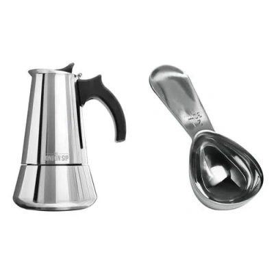 London Sip Espresso Maker & Coffee Spoon Bundle, 10 Cup In Silver