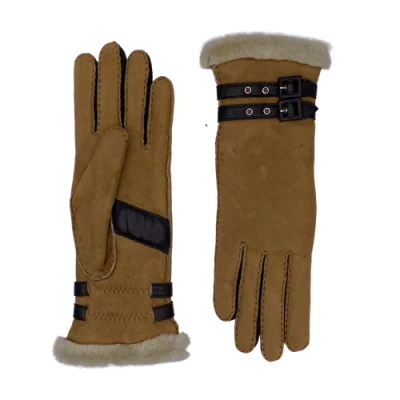 Agnelle Bombera Double Face Lambskin Gloves With Contrast Buckles In Brown