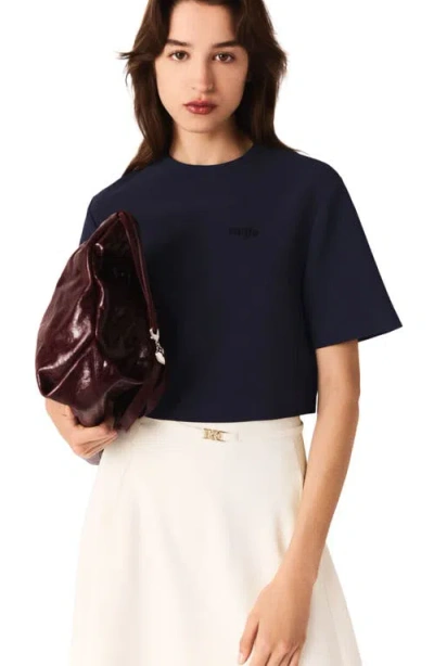 Maje Womens Navy Short Logo-embroidered Stretch-crepe Top In Blue