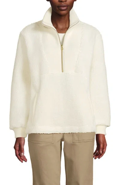 Lands' End Rib Collar High Pile Fleece Pullover In White