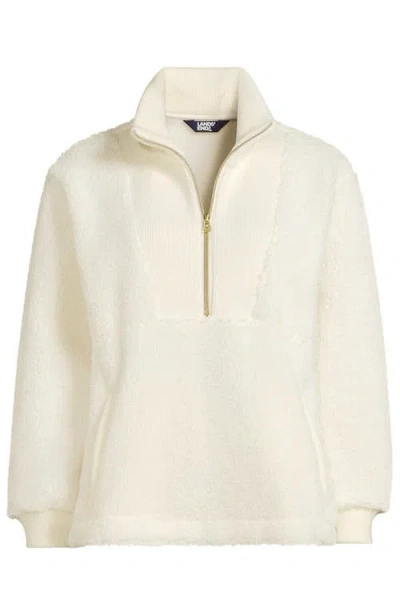 Lands' End Rib Collar High Pile Fleece Pullover In White