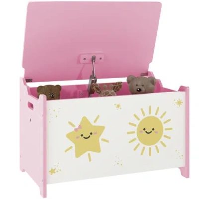 Qaba Kids Toy Box, Chest With Lid, Safety Hinges, Groove Handles, Storage In Pink