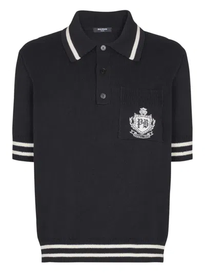 Balmain College Emblem Short Sleeve Polo Sweater In Black