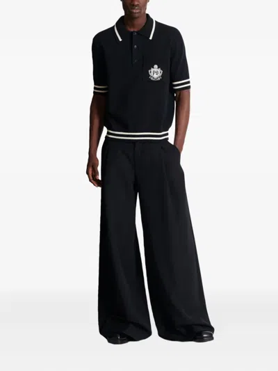 Balmain College Emblem Short Sleeve Polo Sweater In Black