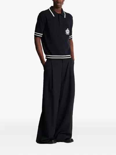 Balmain College Emblem Short Sleeve Polo Sweater In Black
