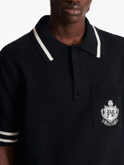 Balmain College Emblem Short Sleeve Polo Sweater In Black