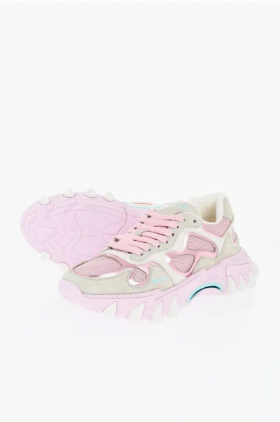 Balmain Suede And Mesh B-east Low Top Sneakers With Contrasting Deta In Pink