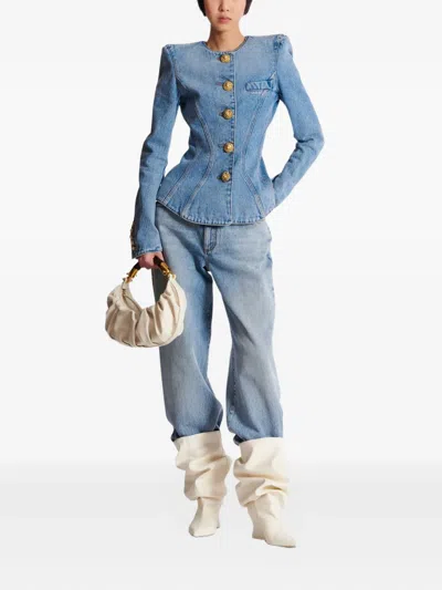 Balmain Cotton Jacket With Long Sleeves And Gold Buttons In Blue