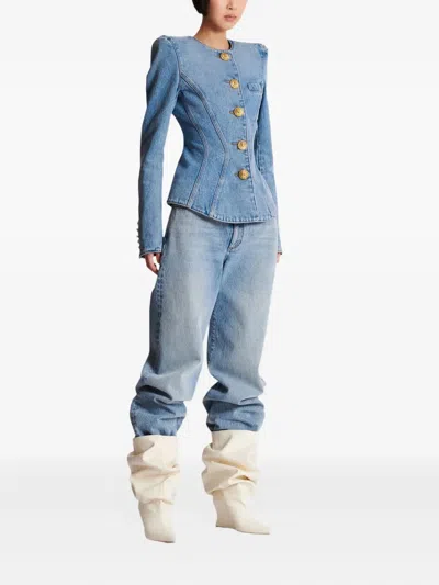 Balmain Cotton Jacket With Long Sleeves And Gold Buttons In Blue