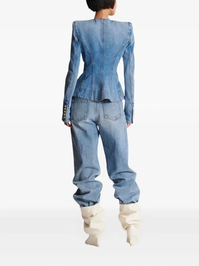 Balmain Cotton Jacket With Long Sleeves And Gold Buttons In Blue