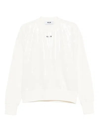 Msgm Long-sleeved Pullover Sweatshirt With Subtle Sequin Embellishment In White
