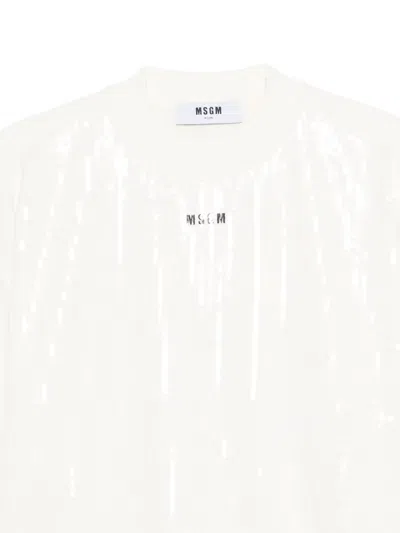 Msgm Long-sleeved Pullover Sweatshirt With Subtle Sequin Embellishment In White